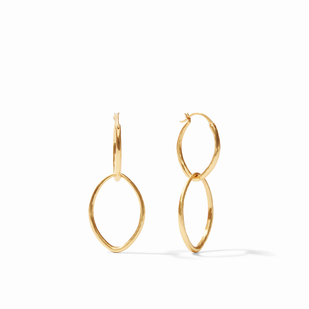 Fleur-de-Lis 2-in-1 gold plated double hoop earrings with a 2-inch drop length.