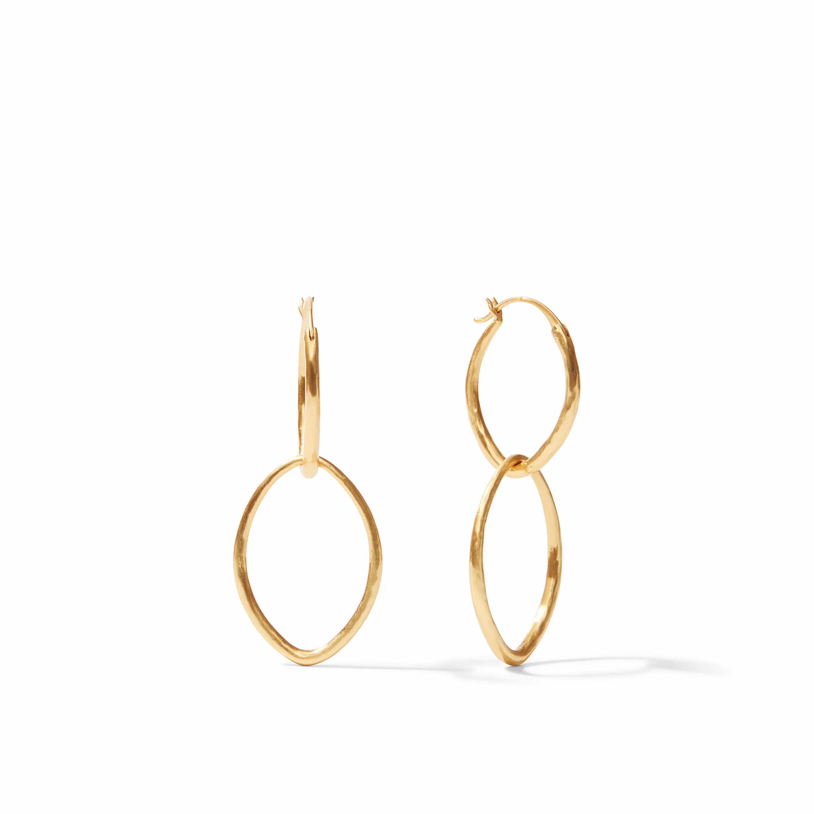 Fleur-de-Lis 2-in-1 gold plated double hoop earrings with a 2-inch drop length.