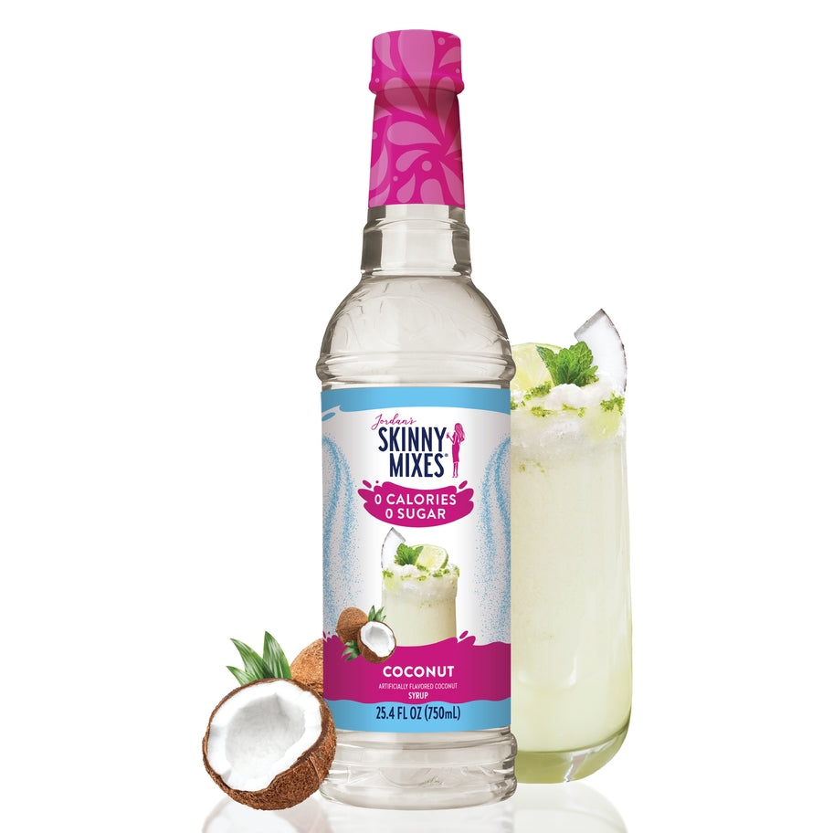 Bottle of sugar-free raspberry syrup with a white label.