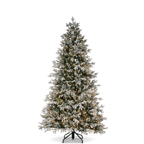 9' Snowy Nordic Fir artificial Christmas tree with warm white LED lights and a metal stand.