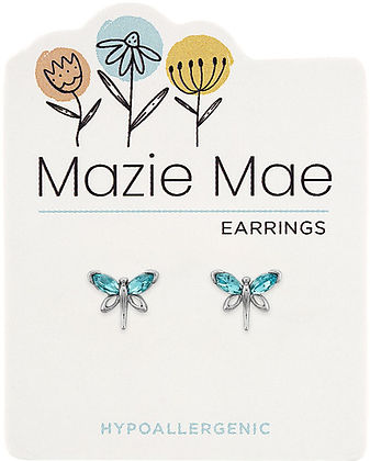 Silver dragonfly stud earrings with aquamarine crystal wings on a Mazie Mae card.