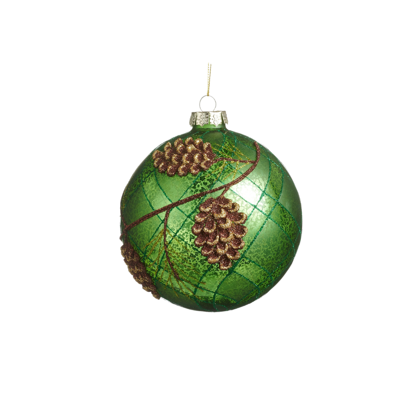5-inch green mercury glass ball ornament with glittery pinecone and branch designs.