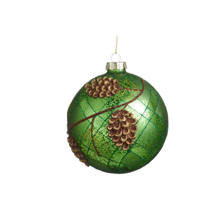 5-inch green mercury glass ball ornament with glittery pinecone and branch designs.