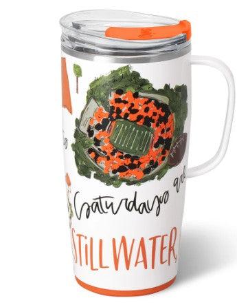 Black insulated travel mug with a large EZ slider lid and silicone coaster base.