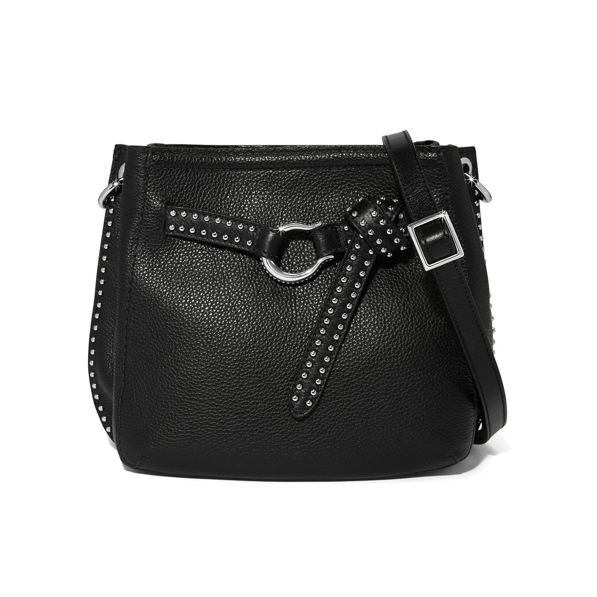 Black pebbled leather small bucket bag with silver stud details and a knotted strap accent.