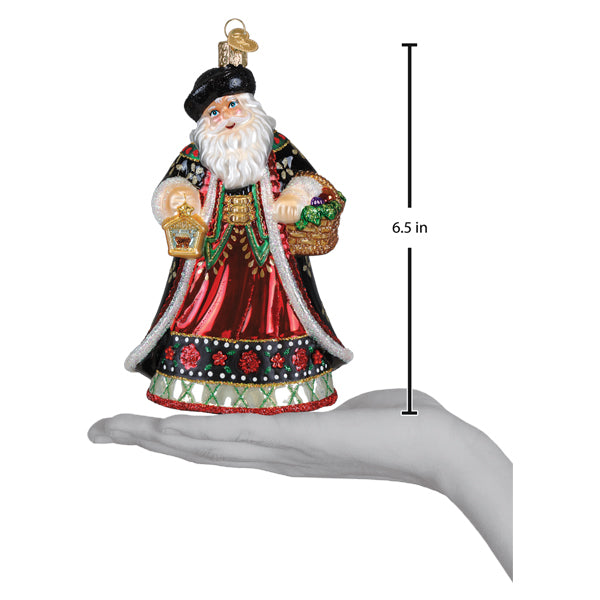 6.5-inch Slovak Father Christmas glass ornament held in a hand for scale.