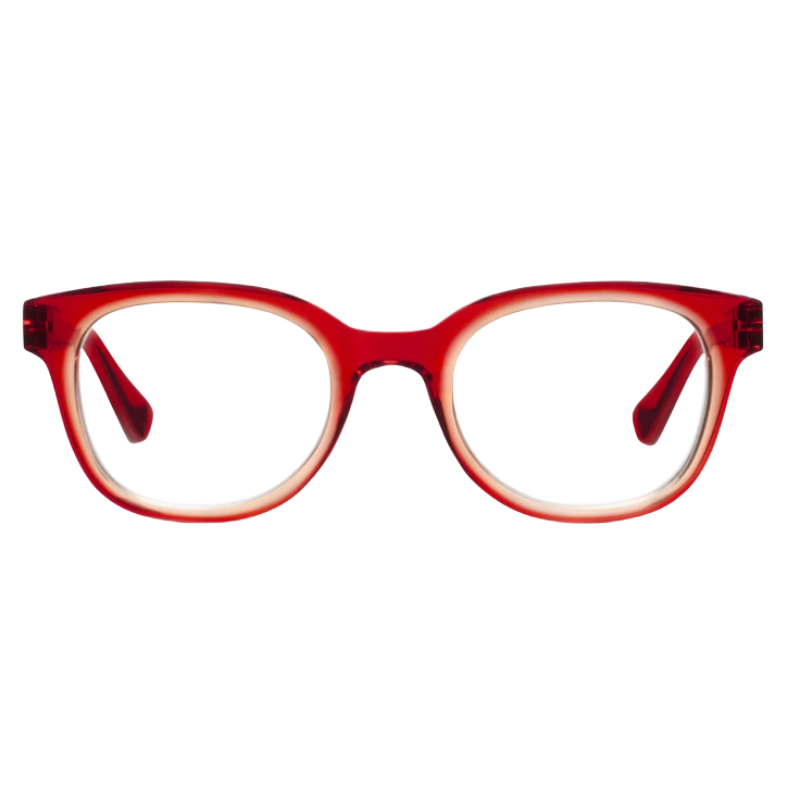 Spell red polycarbonate eyeglasses with round frames and clear blue light focus lenses.