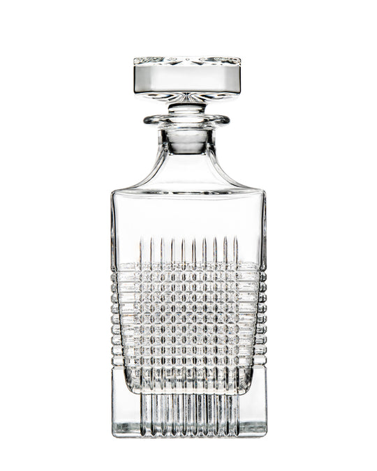 Lynx Whiskey Decanter made of clear unleaded crystal with a textured grid pattern and square base.