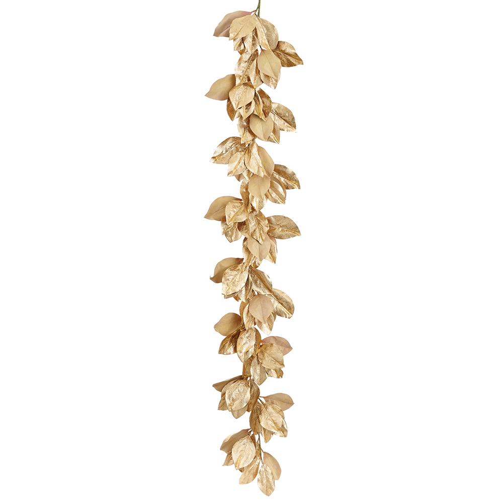 77-inch gold metallic and velvet magnolia leaf garland hanging vertically against a white background