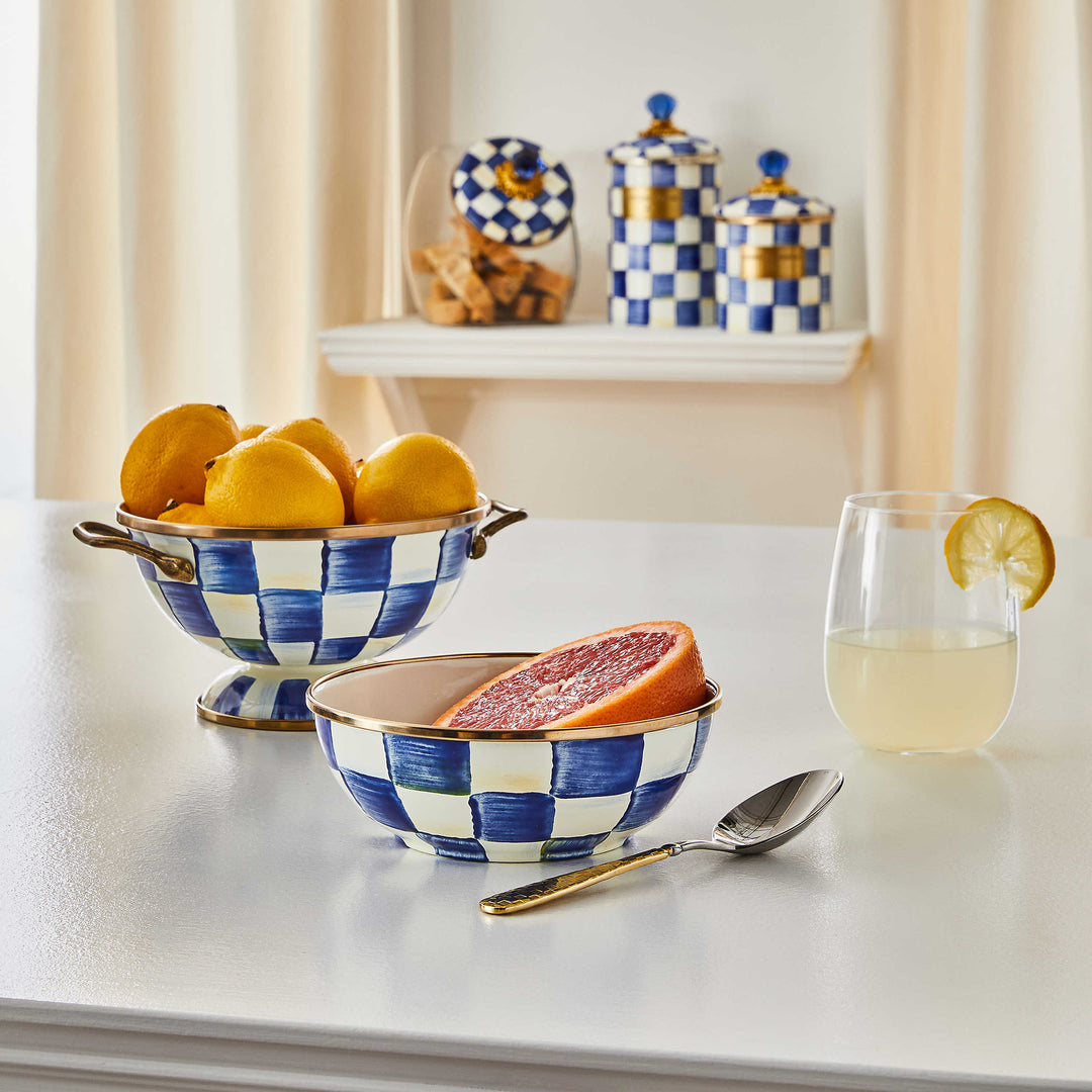 Royal Check Everyday Bowl with a grapefruit slice on a table next to a spoon and lemon drink.