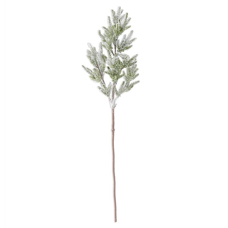 31-inch glittered snowy flocked Norfolk pine stem with green needles and a brown stem.
