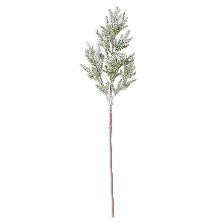 31-inch glittered snowy flocked Norfolk pine stem with green needles and a brown stem.