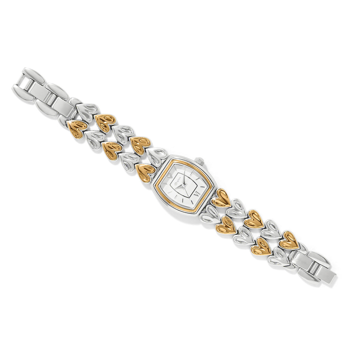 Silver-gold two-tone cascade heart watch with fold-over clasp on white background