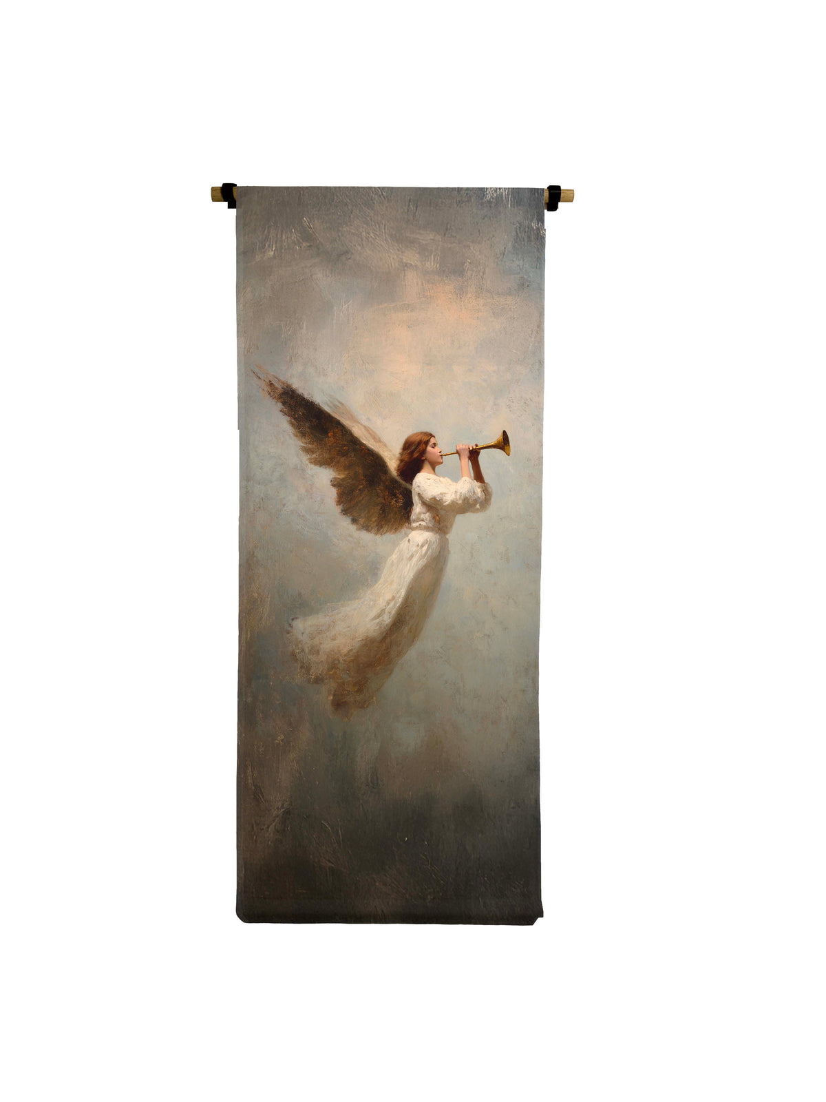 Vertical canvas scroll featuring a painting of a winged angel in a white dress playing a trumpet.