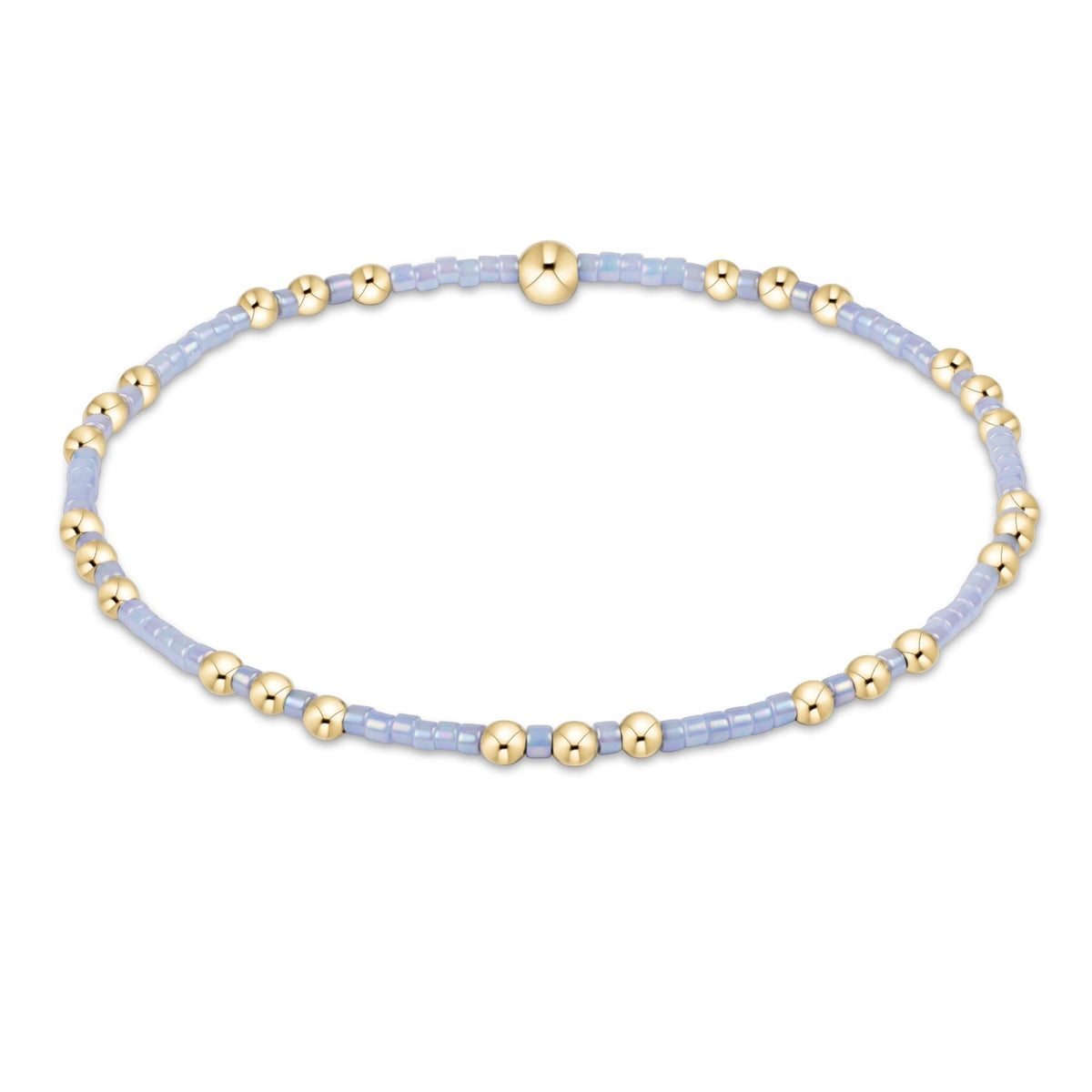 Hope Joy Bracelet with light blue seed beads and 14kt gold-filled beads on an elastic band.