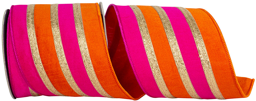 Orange fuchsia dupioni silk overlay fabric with vertical stripes