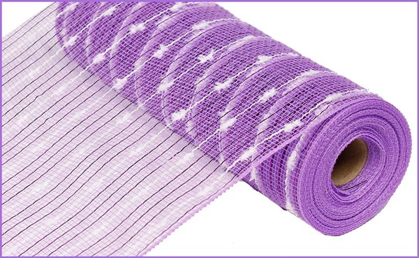 Roll of 10.25 inch purple metallic puff ball deco mesh ribbon with white snowball accents.