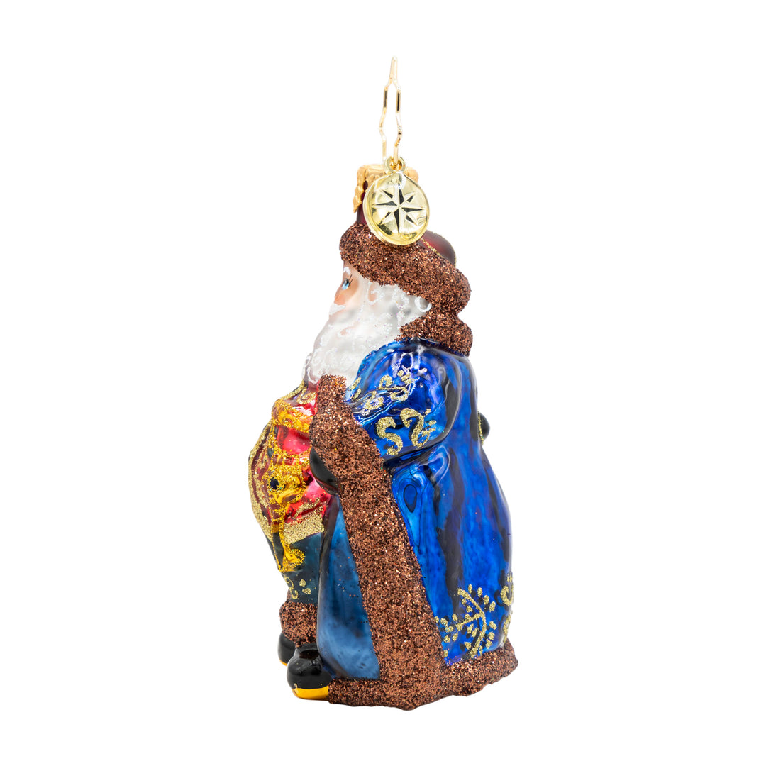 Keymaster Klaus Gem Santa ornament in navy blue and champagne glitter with gold details.