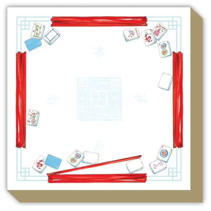 Square handpainted notepad featuring a mahjong tile border design with red accents.
