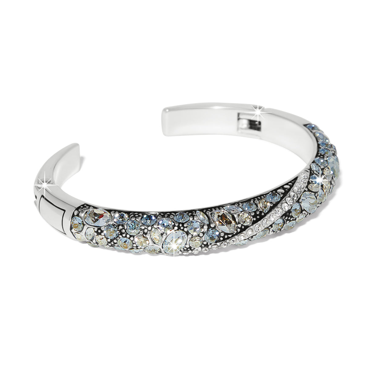 Silver plated hinged bracelet featuring fine quality sky blue crystals.