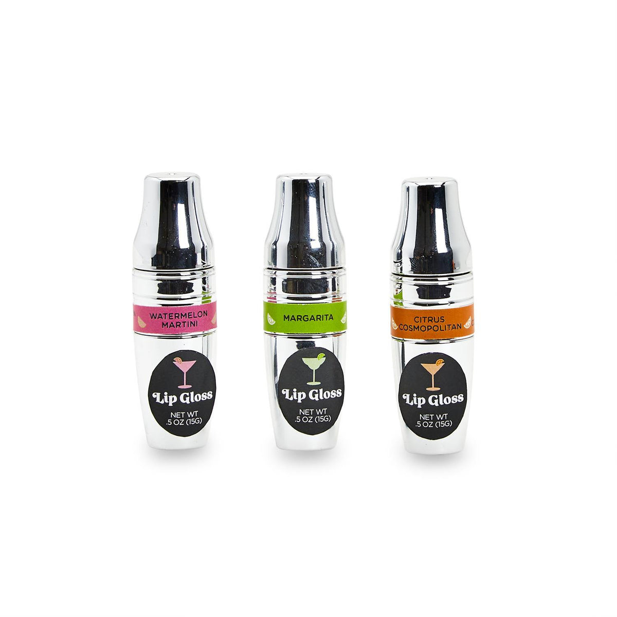 Happy Hour cocktail shaker lip gloss in a clear tube with a silver metal lid shaped like a miniature cocktail shaker.