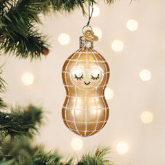 Little Peanut ornament shaped like a baby peanut in light brown with green leaf accents.