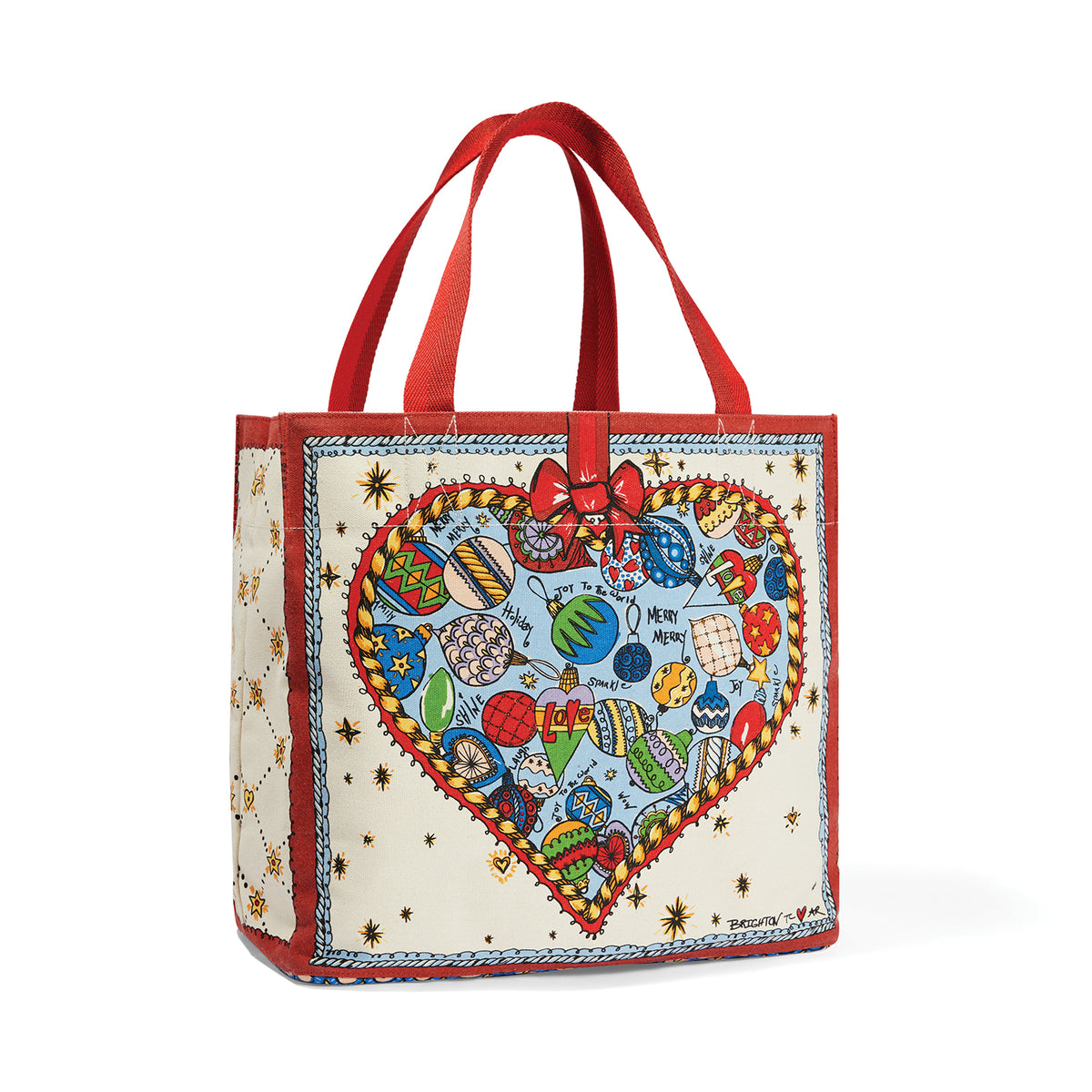 Multi-colored canvas holiday tote bag with interior pockets.