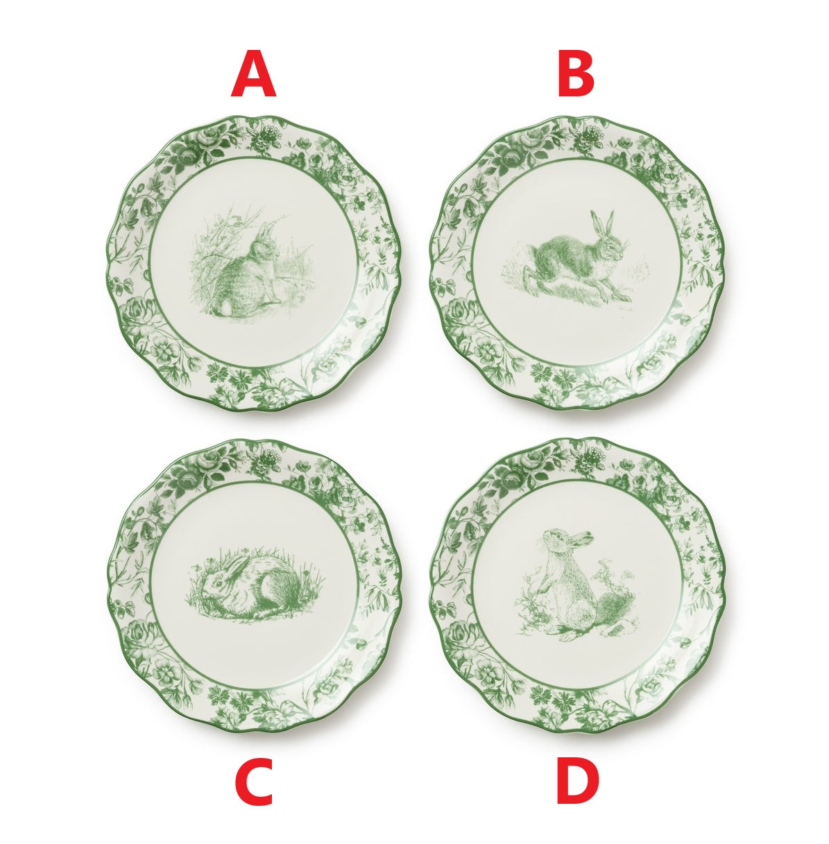 8.5-inch Le Jardin stoneware salad plate with scalloped rim featuring green bunny toile and floral border on ivory glaze.