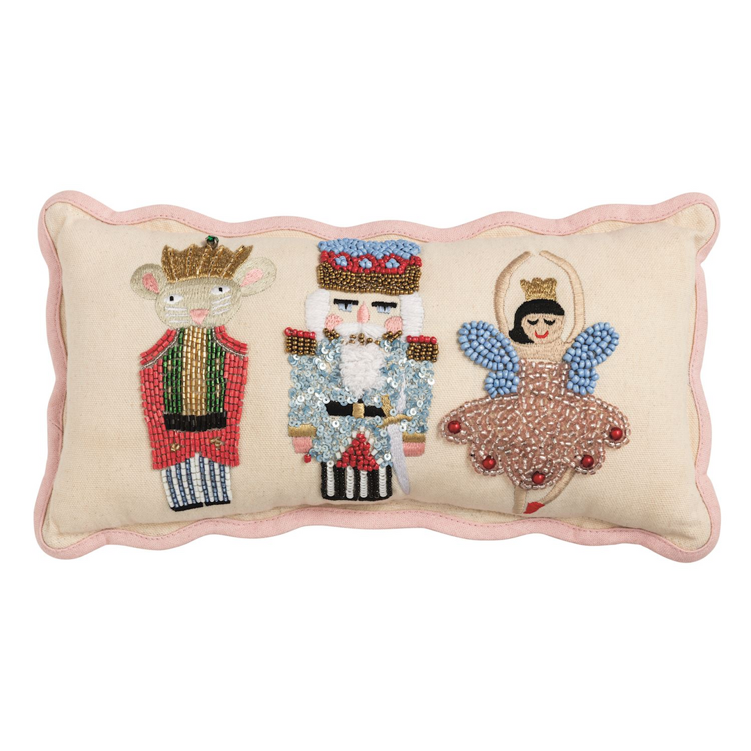 Icons Mini Nutcracker Beaded Pillow featuring a mouse king, nutcracker, and ballerina.