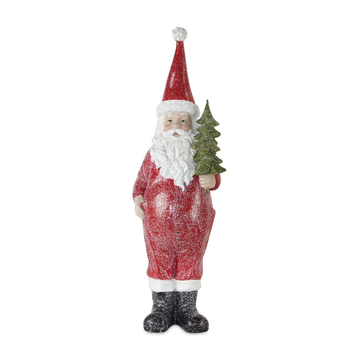 Tall Santa Resin figurine in a red suit holding a small green Christmas tree.