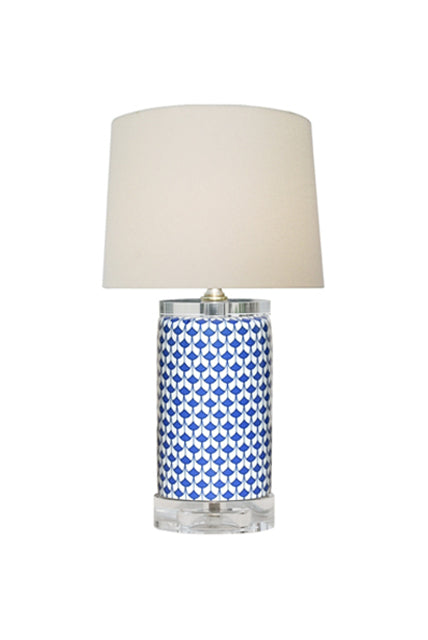 Blue and white porcelain fish scale vase lamp with a crystal base and off-white drum shade.
