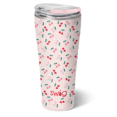 32oz stainless steel tumbler with a pink background, cherry pattern, and clear lid.