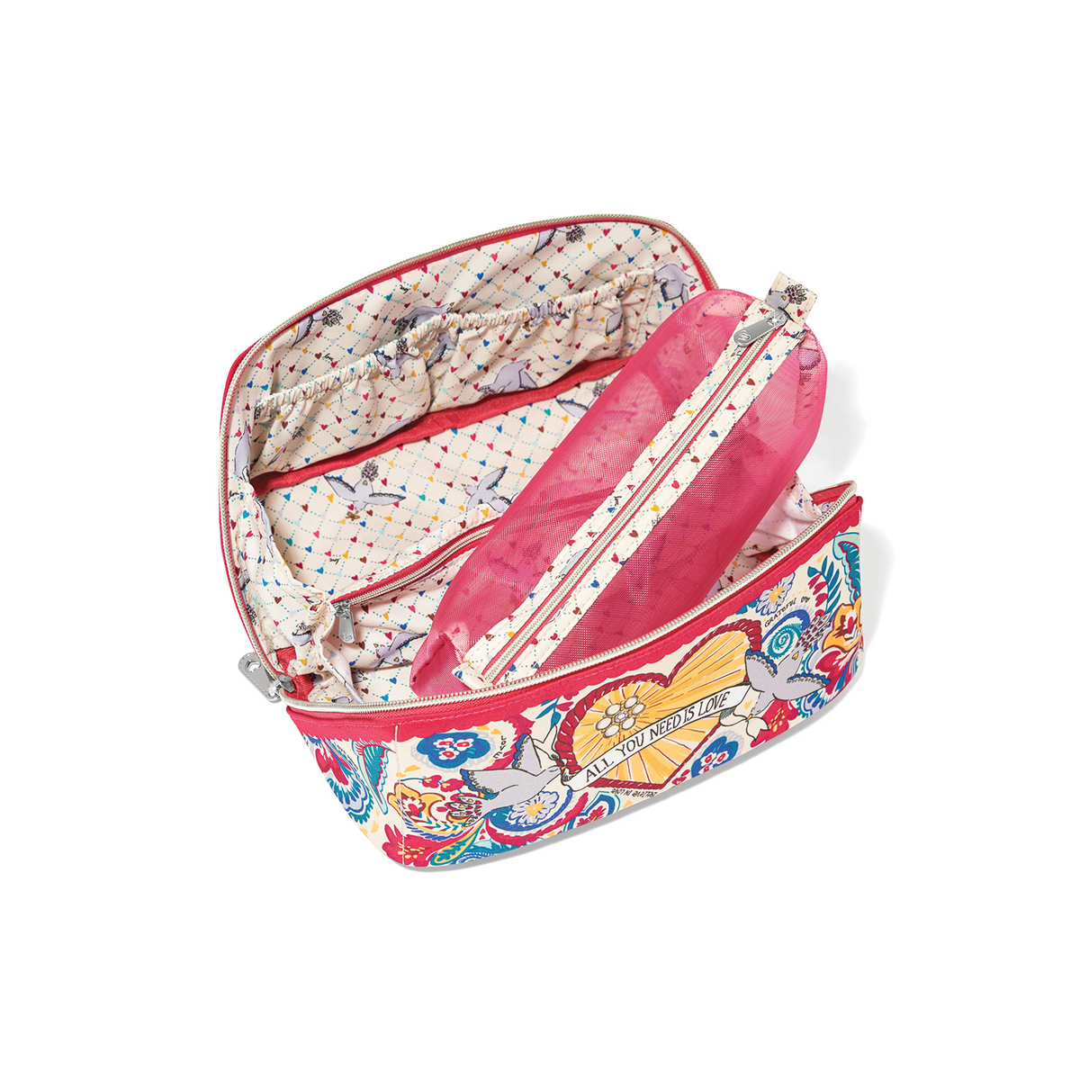 Open Love Story Cosmetic Case with a floral print, interior pockets, and a pink mesh insert.