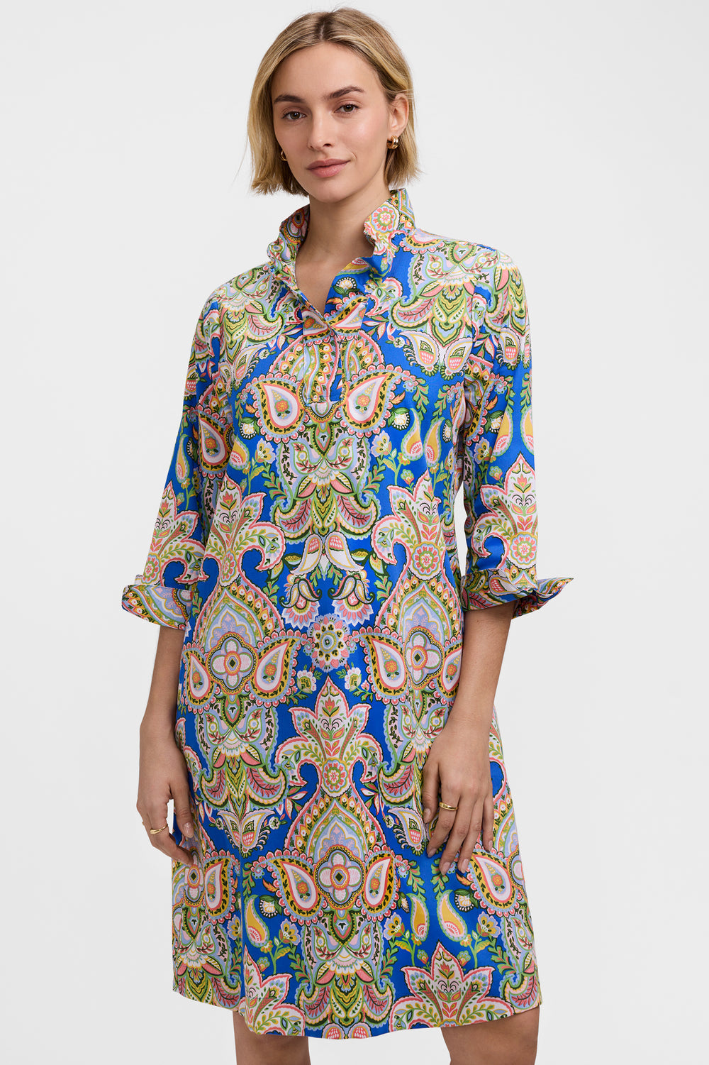Relaxed fit Tammy Garden paisley print cotton dress with V-neck, three-quarter sleeves, side pockets, and slit hem.