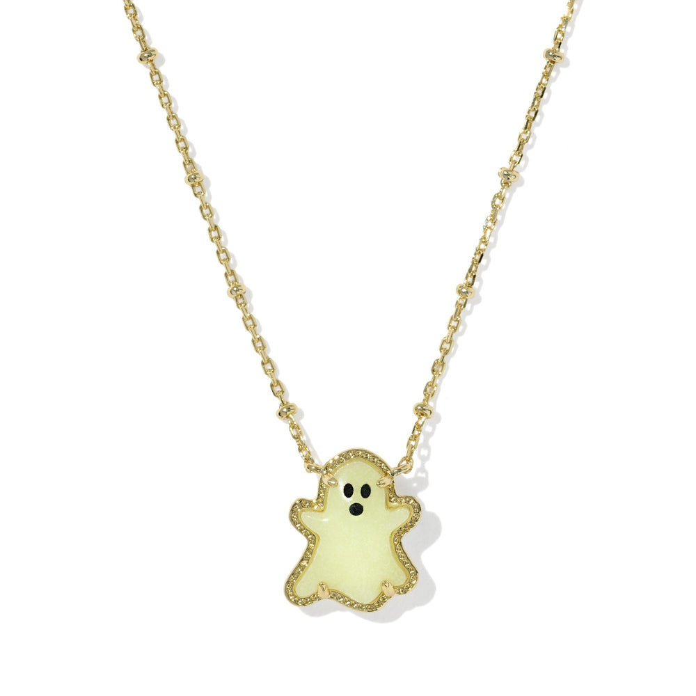 Gold short pendant necklace featuring a glow-in-the-dark ghost charm with a beaded chain.