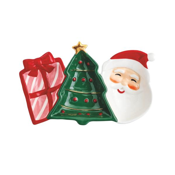 Whimsy Christmas Triple Tidbit dish featuring a red gift box, a green tree, and Santa Claus.