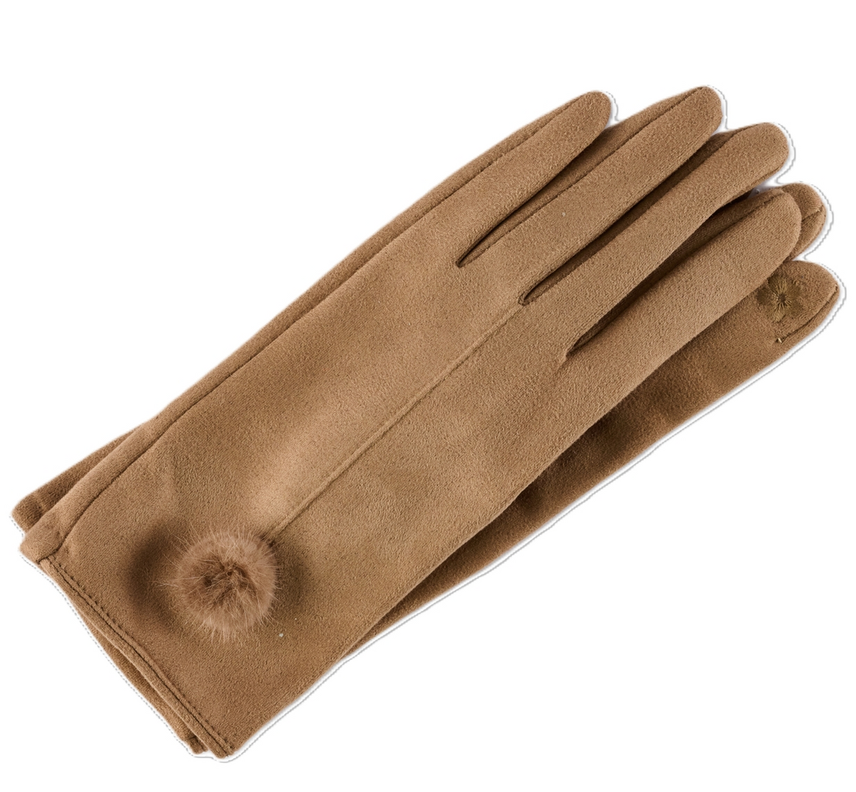 Tan ultrasuede touchscreen gloves with a small fur ball accent on the wrist.