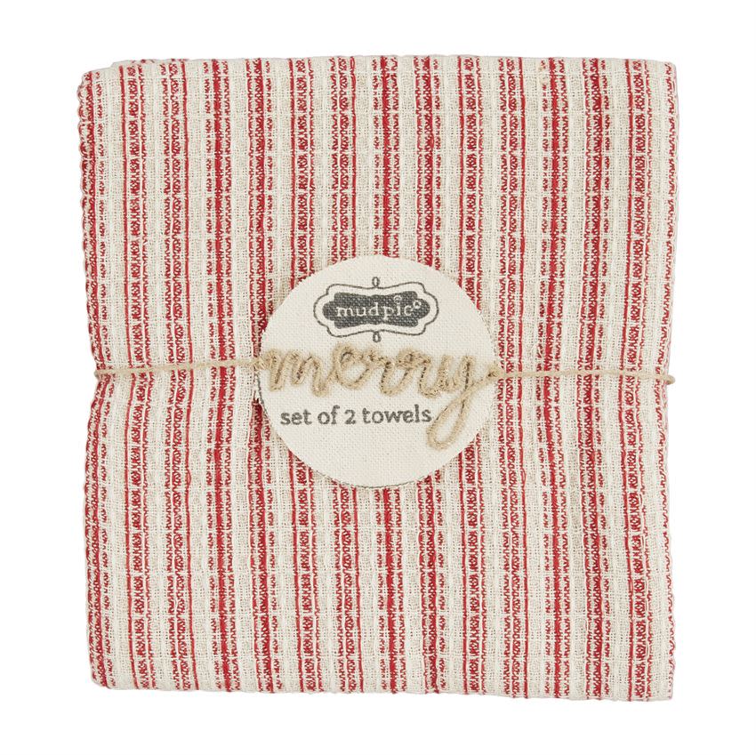 Black cotton waffle weave dishtowel with white stripe pattern