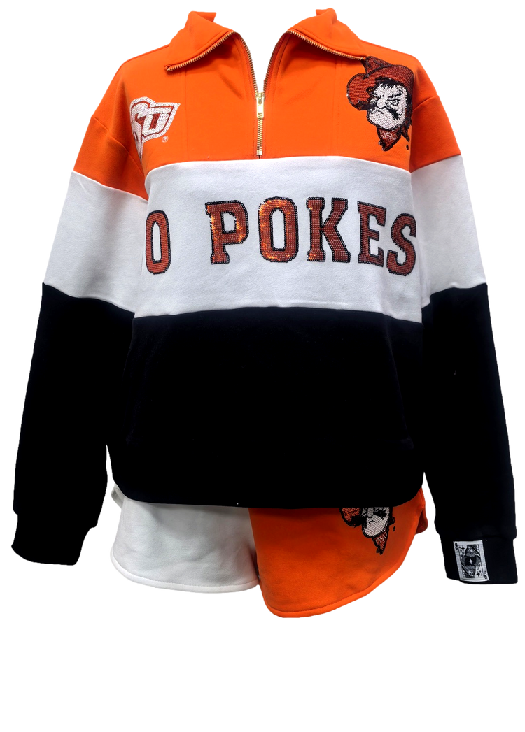 Oklahoma State orange, white, and black quarter-zip sweatshirt with "GO POKES" in sequins.