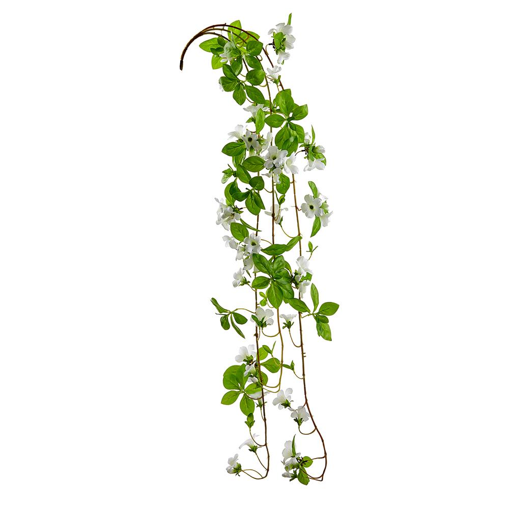 White Morning Glory hanging vine planter with fabric texture and wire support structure.