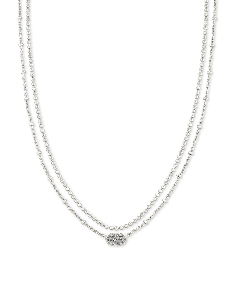 Emilie Multi Strand Necklace in silver with a small hexagonal druzy pendant and beaded chain.
