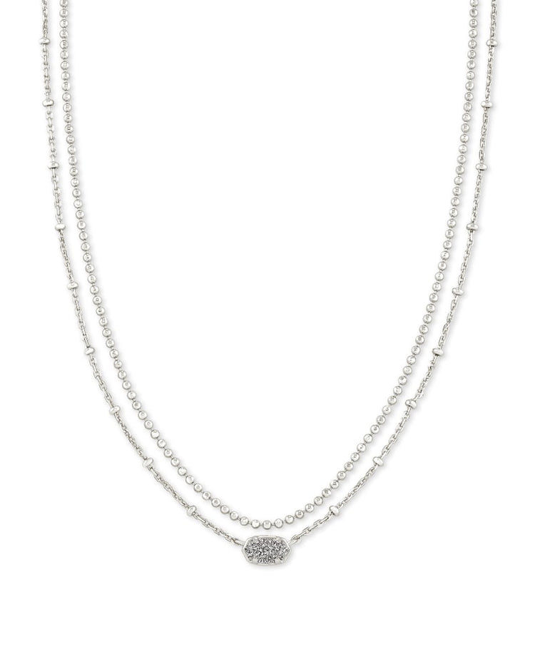 Emilie Multi Strand Necklace in silver with a small hexagonal druzy pendant and beaded chain.
