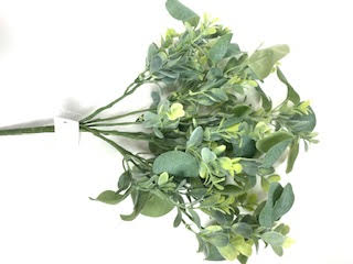 Sixteen-inch Dollar/Eucalyptus Bush X7 GR artificial plant with green foliage and brown stem.