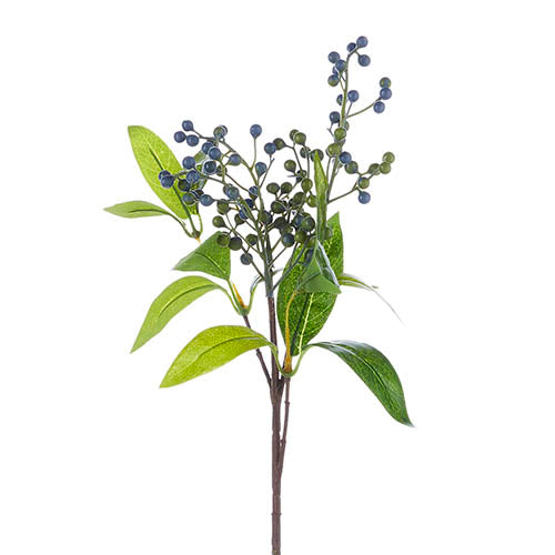 Sixteen-inch berry-colored plastic pick with eucalyptus leaves in dark blue polyester.