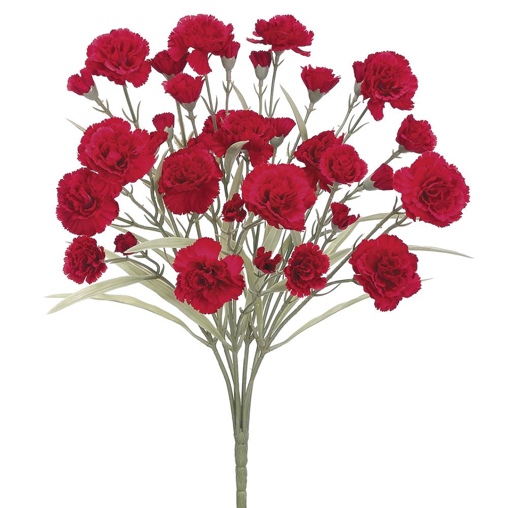 Artificial carnation bush with fabric petals in pink hues on a wire frame.