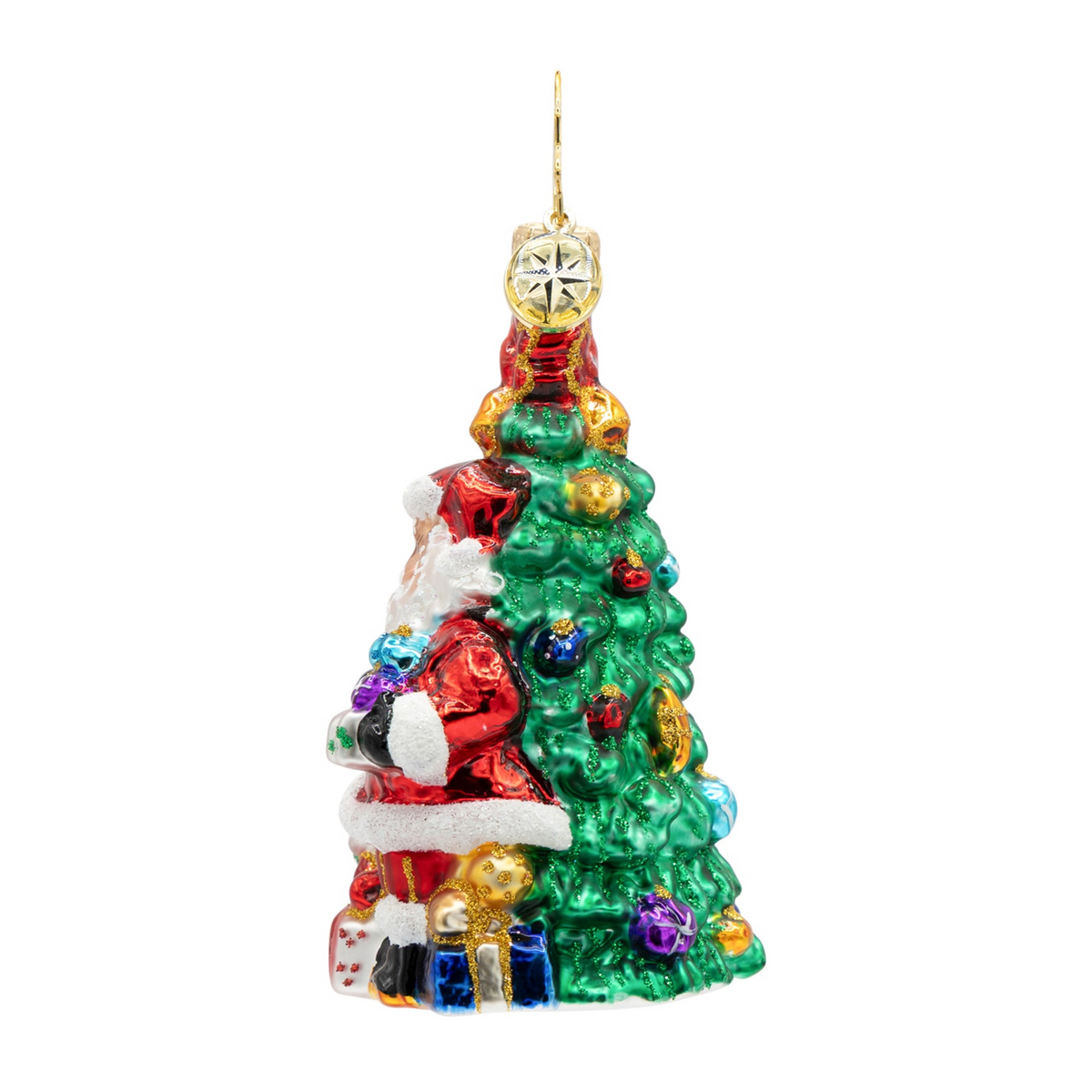 Holiday Harmony Gem glass ornament featuring Santa Claus decorating a green Christmas tree.