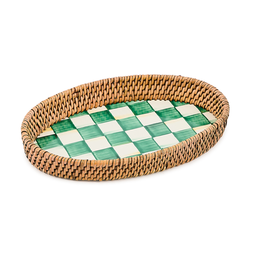 Small rectangular tray with hand-painted emerald check pattern on steel base and woven rattan rim.