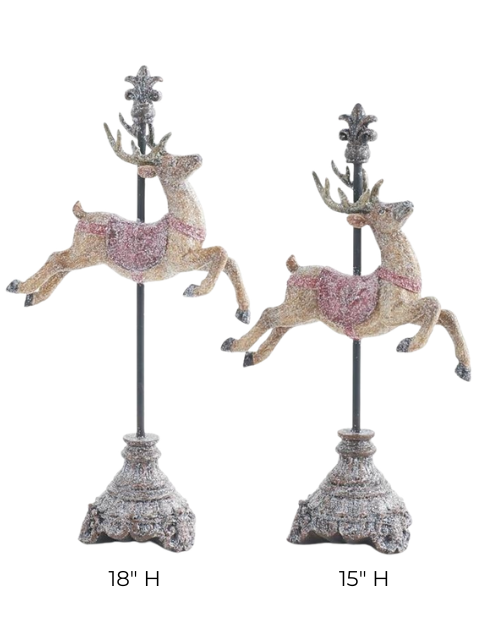 Two glittered resin reindeer figurines on black metal stands, available in 18 and 15 inch heights.
