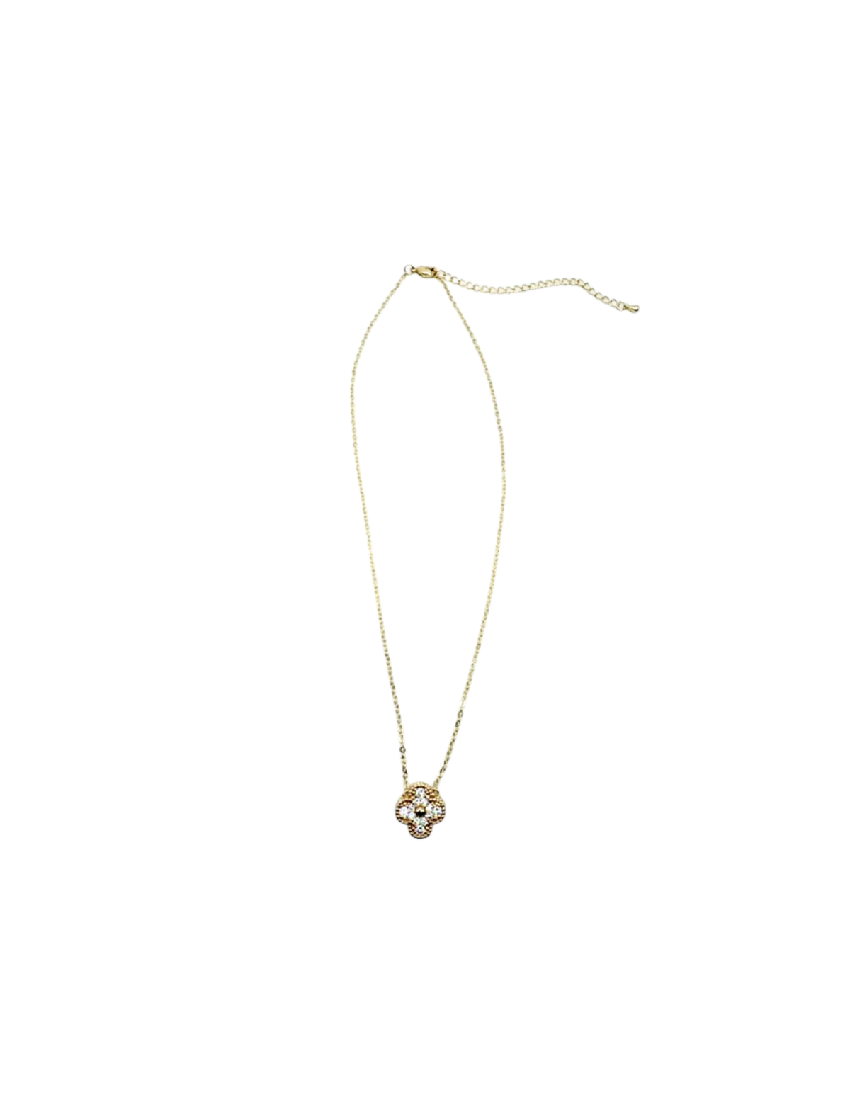 Gold chain necklace with a four-leaf clover pendant featuring clear cubic zirconia stones.