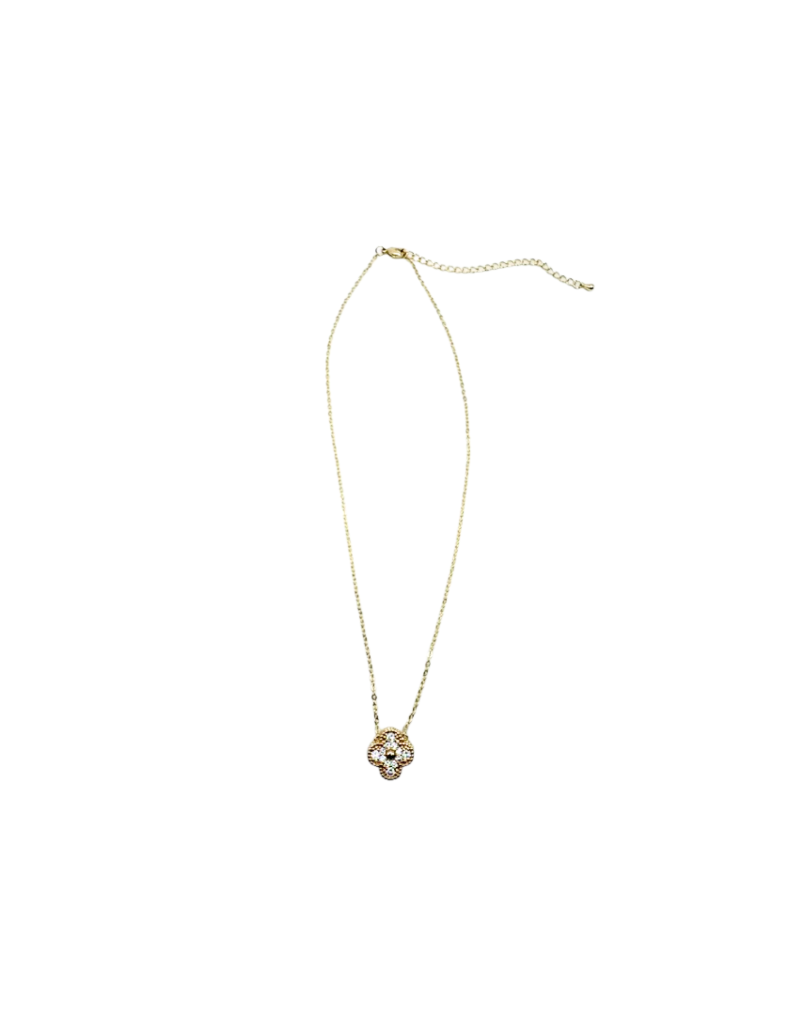 Gold chain necklace with a four-leaf clover pendant featuring clear cubic zirconia stones.
